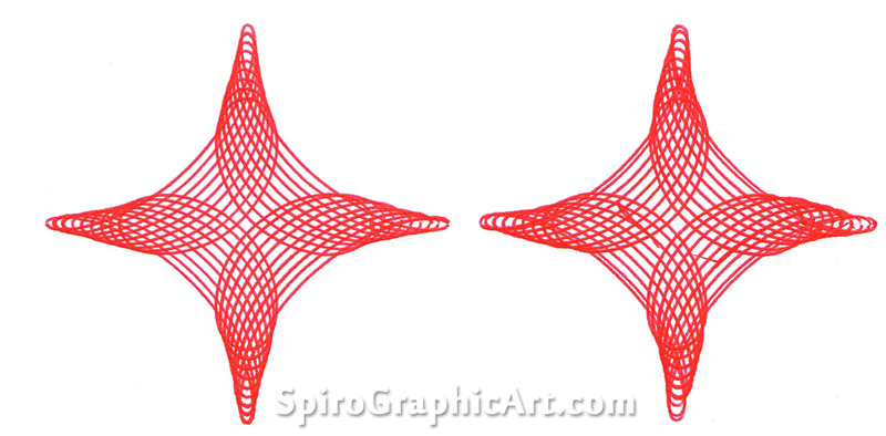 Ring 144-96 with wheel 72, holes 1, 3, 5, 7 etc. Design on left with my old Spirograph, on right with the new set, showing less precise alignment.